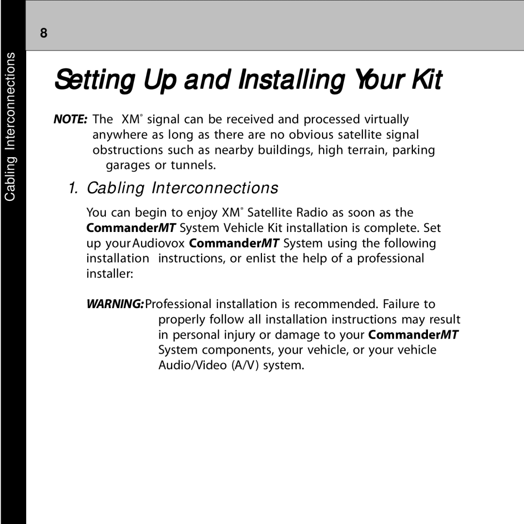 Audiovox 128-7902A manual Setting Up and Installing Your Kit, Cabling Interconnections 