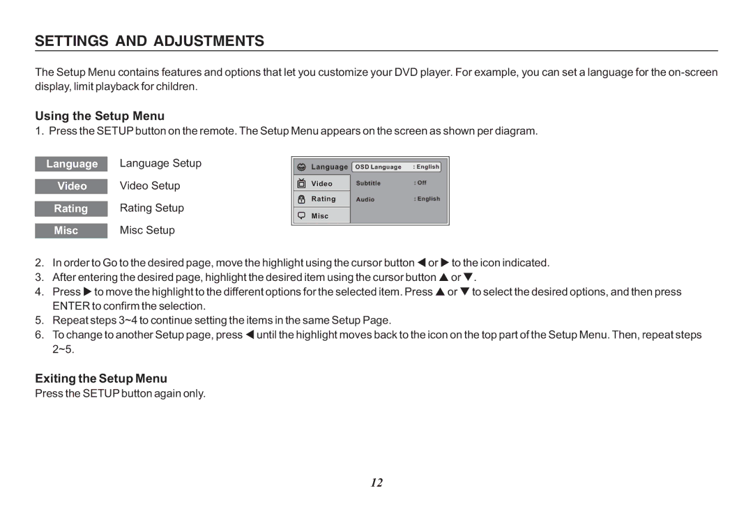 Audiovox 128-8342 operation manual Using the Setup Menu, Exiting the Setup Menu 