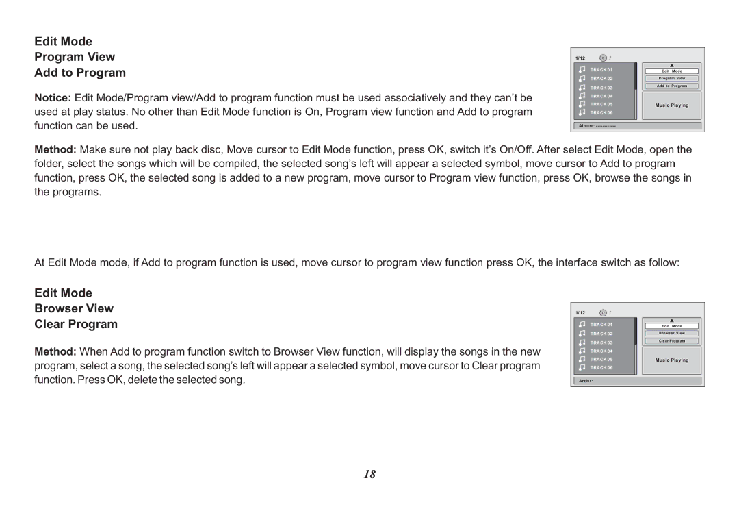 Audiovox 128-8342 operation manual Edit Mode Program View Add to Program, Edit Mode Browser View Clear Program 