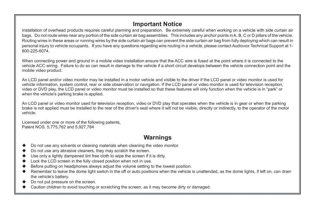 Audiovox 128-8342 operation manual Important Notice 