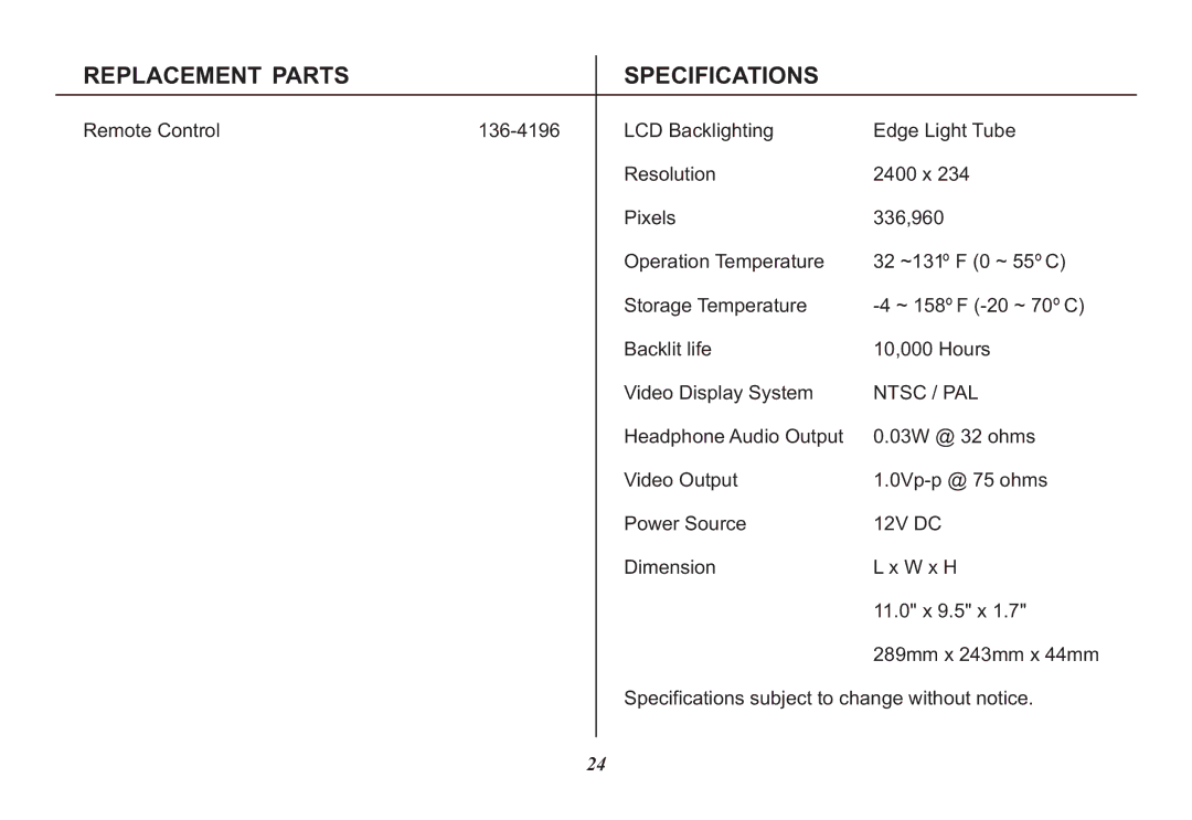 Audiovox 128-8342 operation manual Replacement Parts Specifications, Ntsc / PAL 