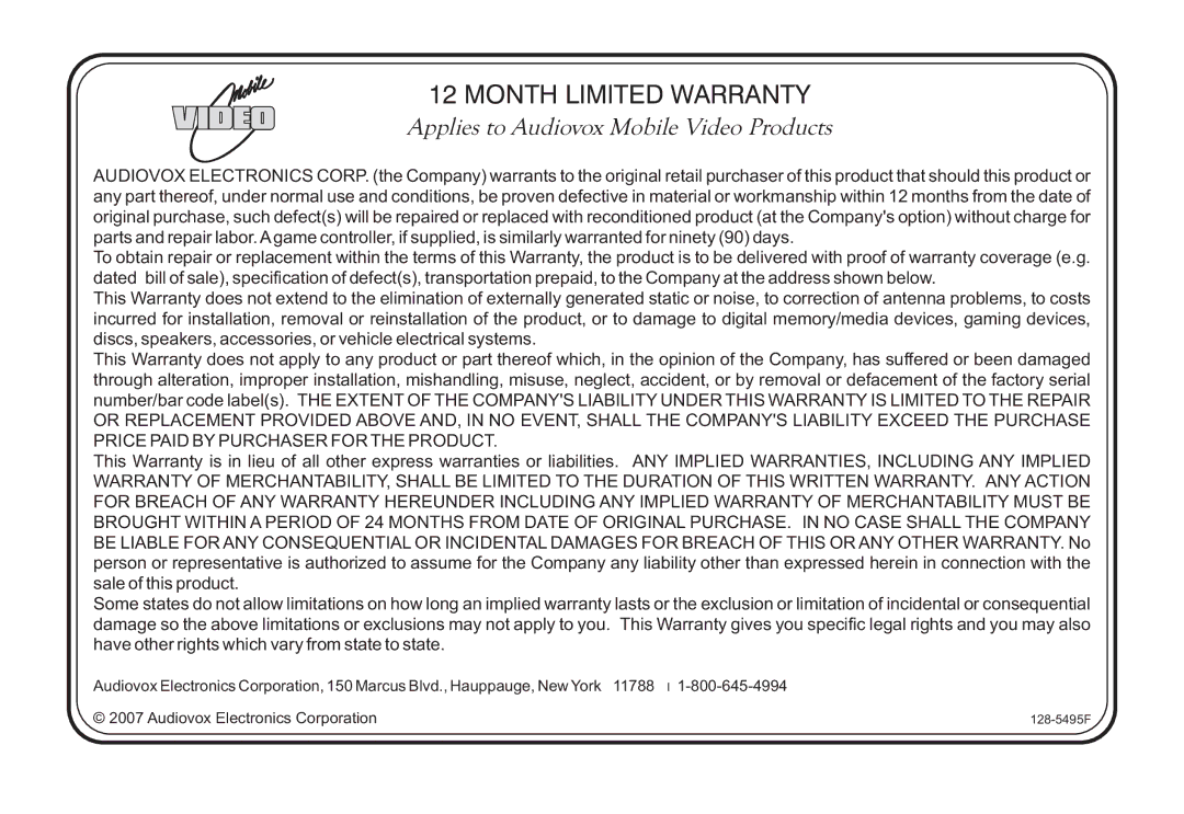 Audiovox 128-8342 operation manual Month Limited Warranty 