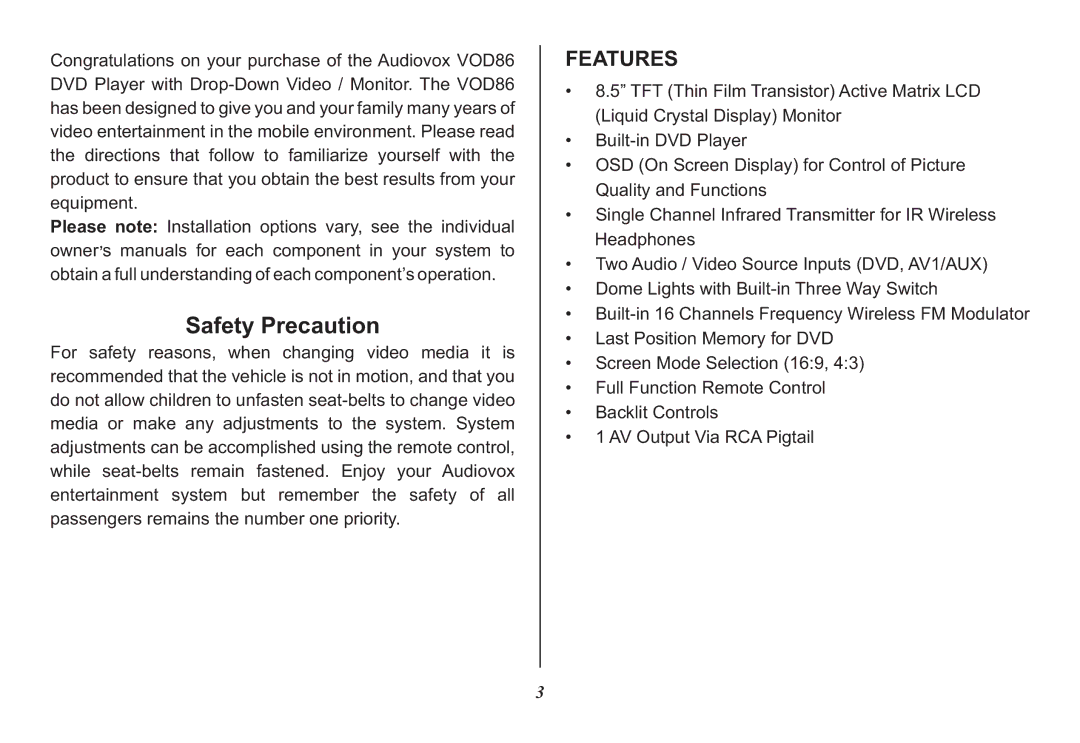 Audiovox 128-8342 operation manual Safety Precaution, Features 