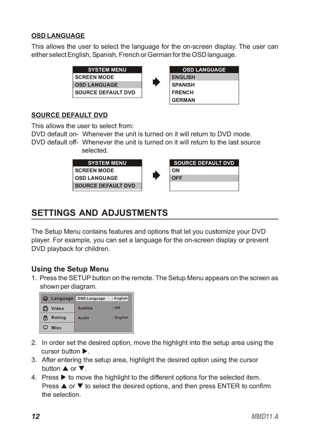 Audiovox 128-8652, MMD11A operation manual Settings and Adjustments, Using the Setup Menu, OSD Language, Source Default DVD 