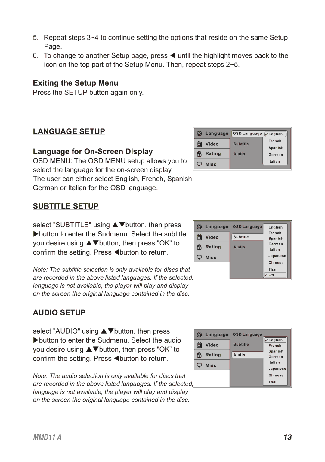 Audiovox MMD11A Exiting the Setup Menu, Language Setup, Language for On-Screen Display, Subtitle Setup, Audio Setup 