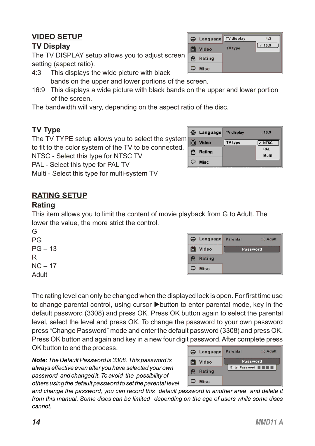 Audiovox 128-8652, MMD11A operation manual Video Setup, TV Display, Rating Setup 