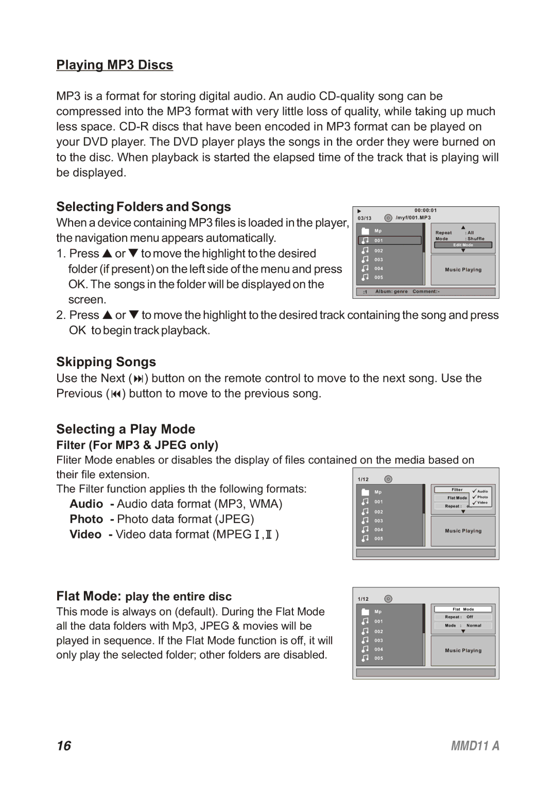 Audiovox 128-8652, MMD11A Playing MP3 Discs, Selecting Folders and Songs, Skipping Songs, Selecting a Play Mode 