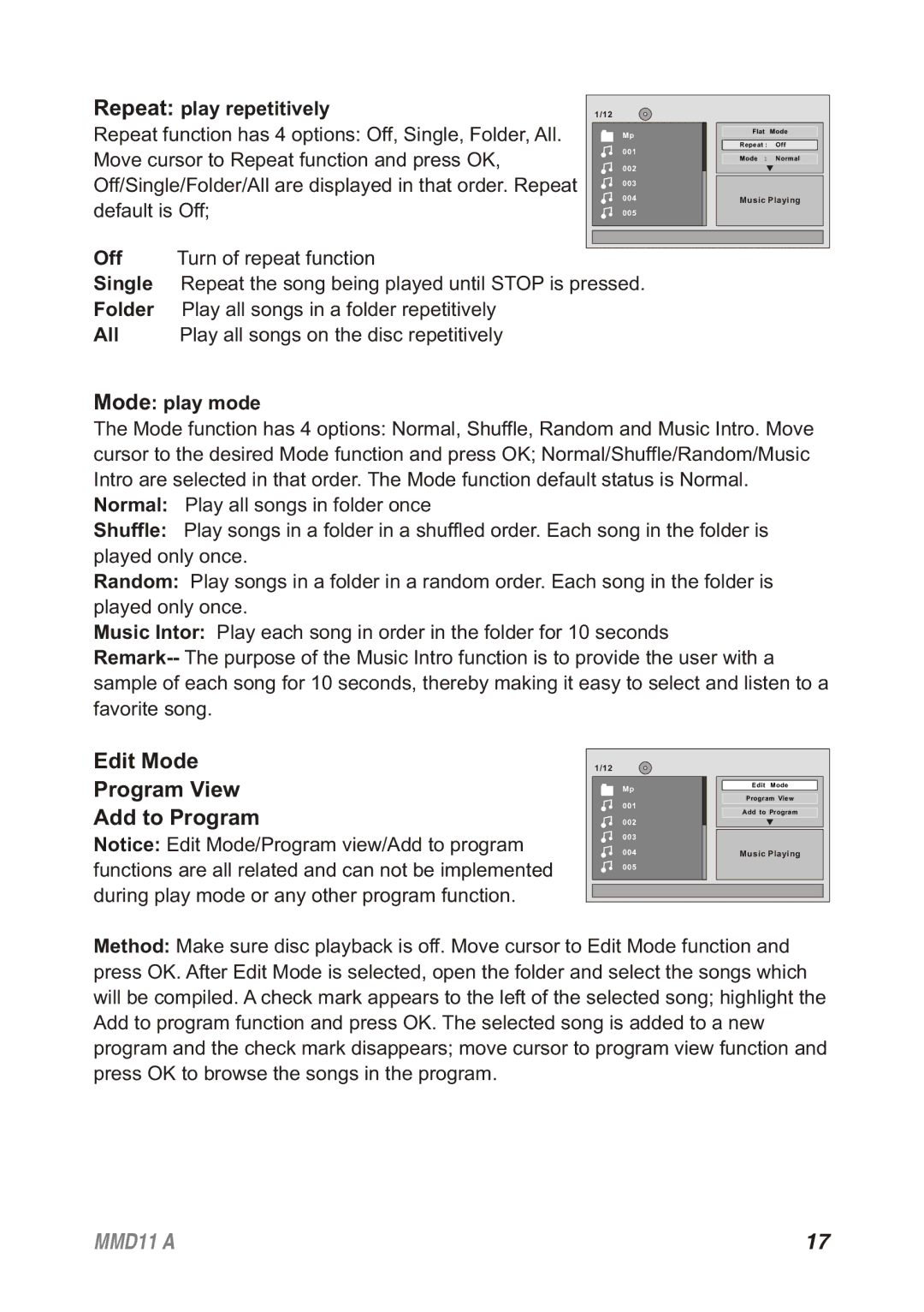 Audiovox MMD11A, 128-8652 operation manual Edit Mode Program View Add to Program, Repeat play repetitively, Mode play mode 