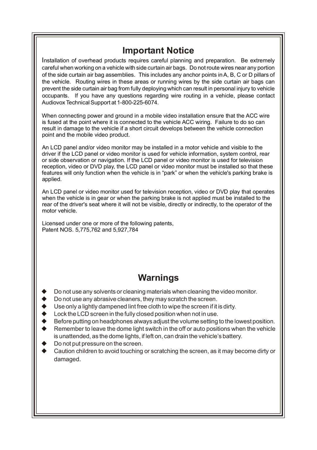 Audiovox 128-8652, MMD11A operation manual Important Notice 