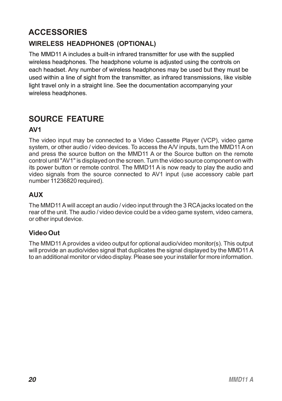 Audiovox 128-8652, MMD11A operation manual Accessories, Source Feature, Wireless Headphones Optional, AV1, Aux 