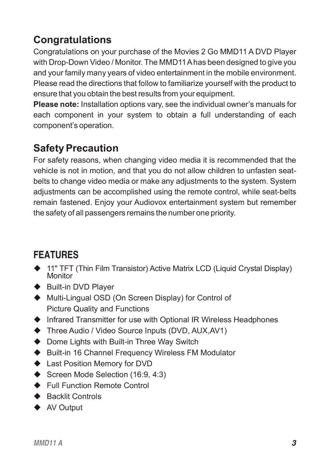 Audiovox MMD11A, 128-8652 operation manual Features 