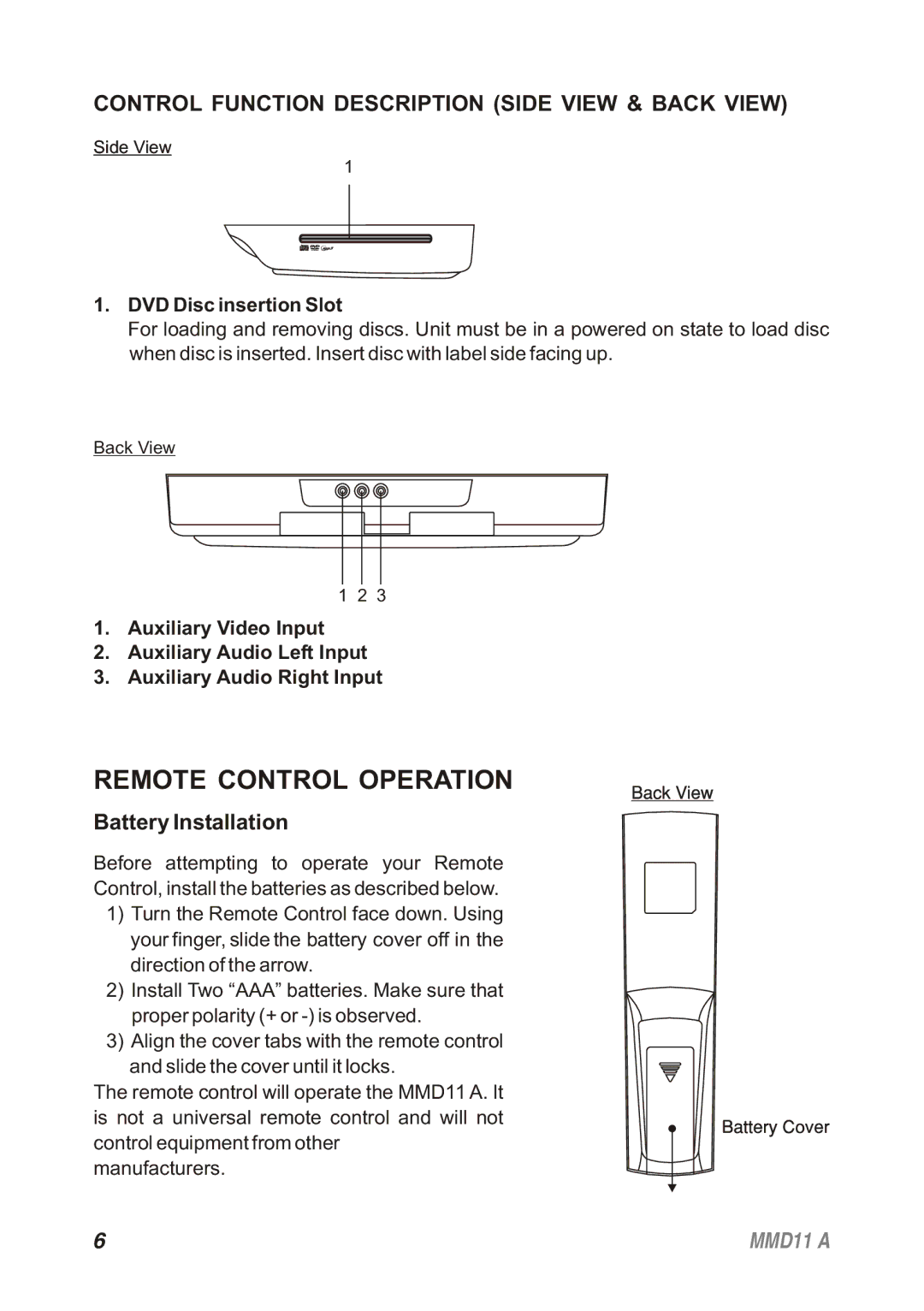 Audiovox 128-8652 Remote Control Operation, Control Function Description Side View & Back View, Battery Installation 