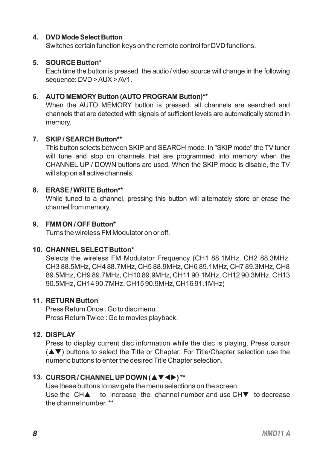 Audiovox 128-8652, MMD11A operation manual Display 