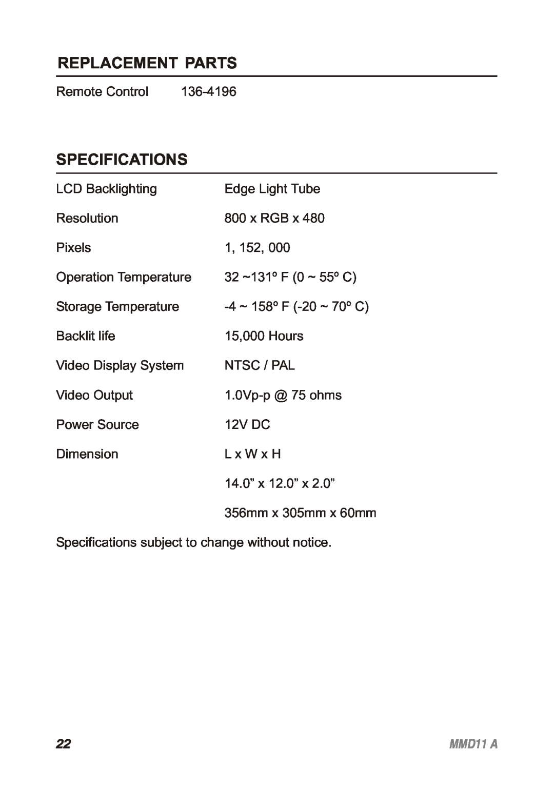 Audiovox 128-8652, MMD11A operation manual Replacement Parts, Specifications 