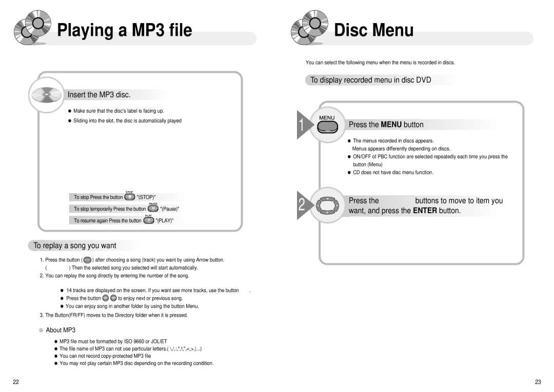 Audiovox 1286970 owner manual Playing a MP3 file, Disc Menu 