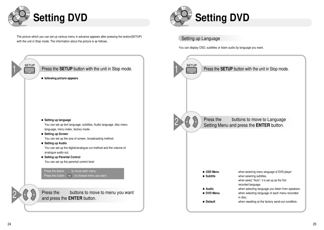 Audiovox 1286970 owner manual Setting DVD, Press the Setup button with the unit in Stop mode, Setting up Language 