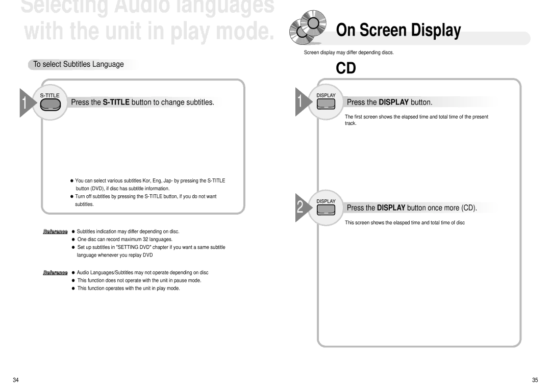 Audiovox 1286970 owner manual On Screen Display, Press the Display button once more CD 