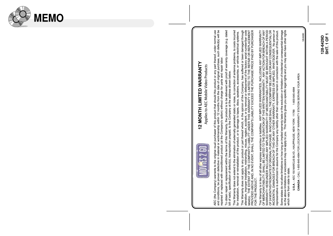 Audiovox 1286970 owner manual Memo 