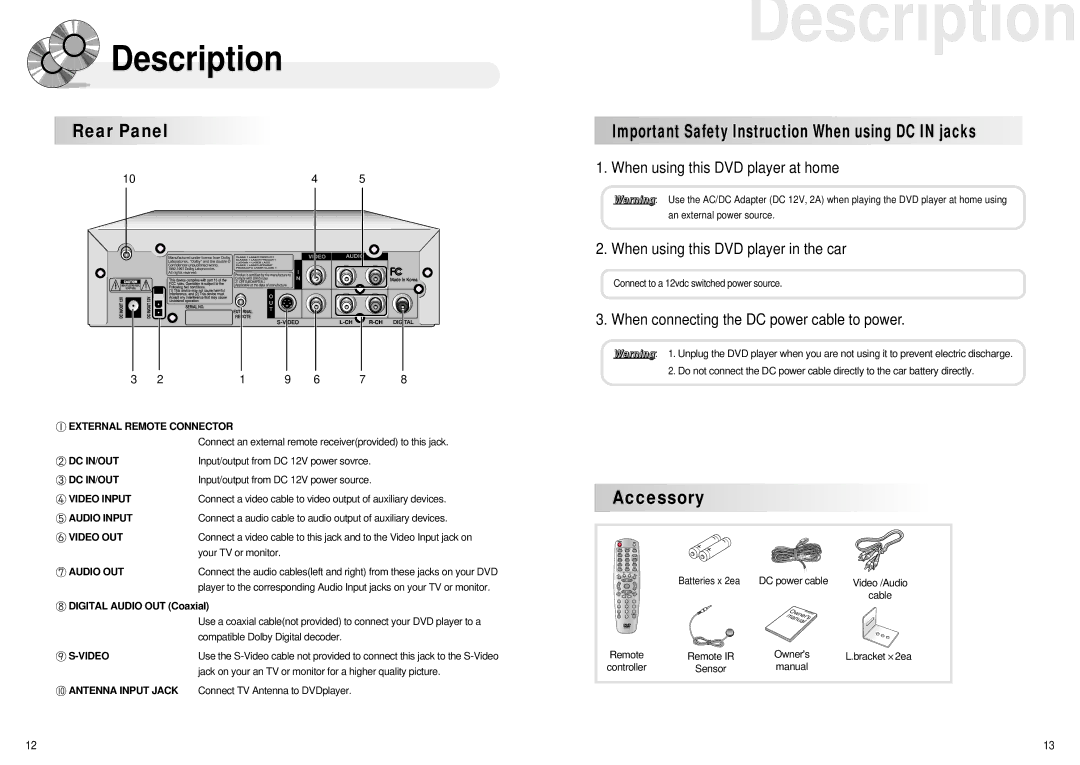 Audiovox 1286970 Rear Panel, Accessory, When connecting the DC power cable to power, ⑧ Digital Audio OUT Coaxial 