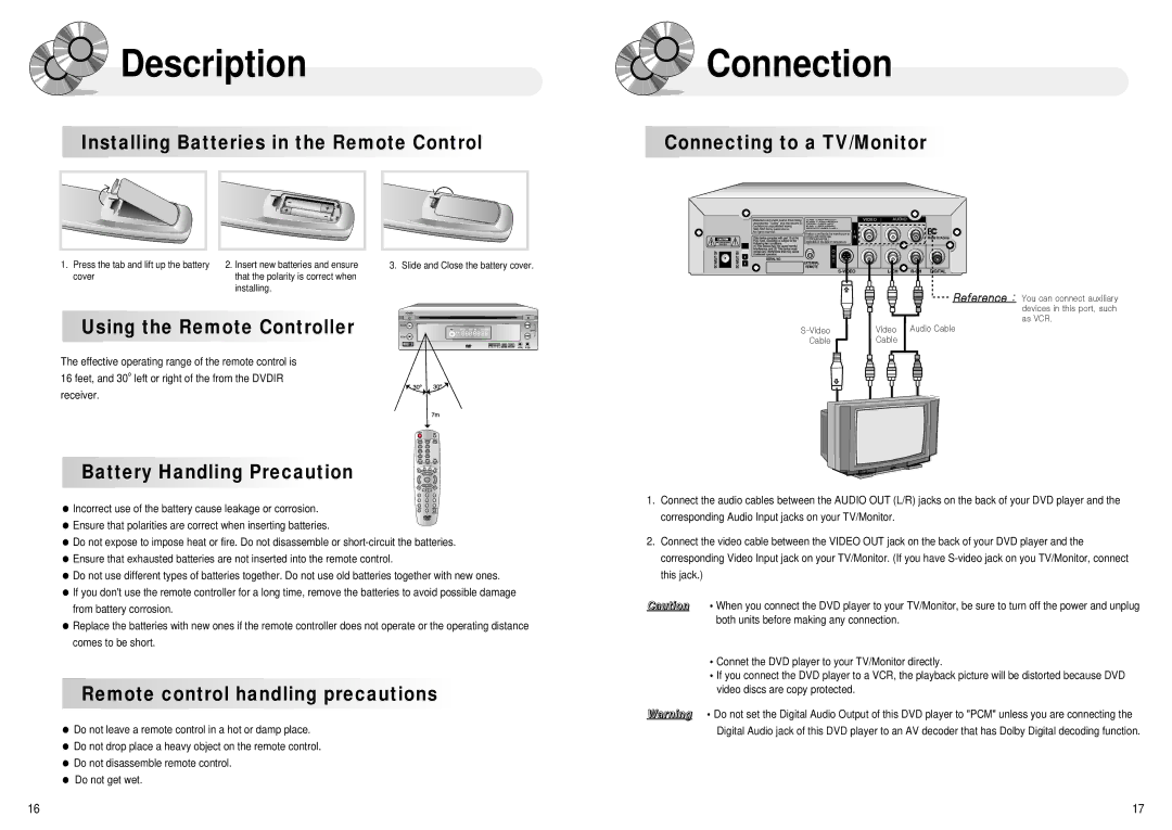 Audiovox 1286970 Installing Batteries in the Remote Control, Using the Remote Controller, Battery Handling Precaution 