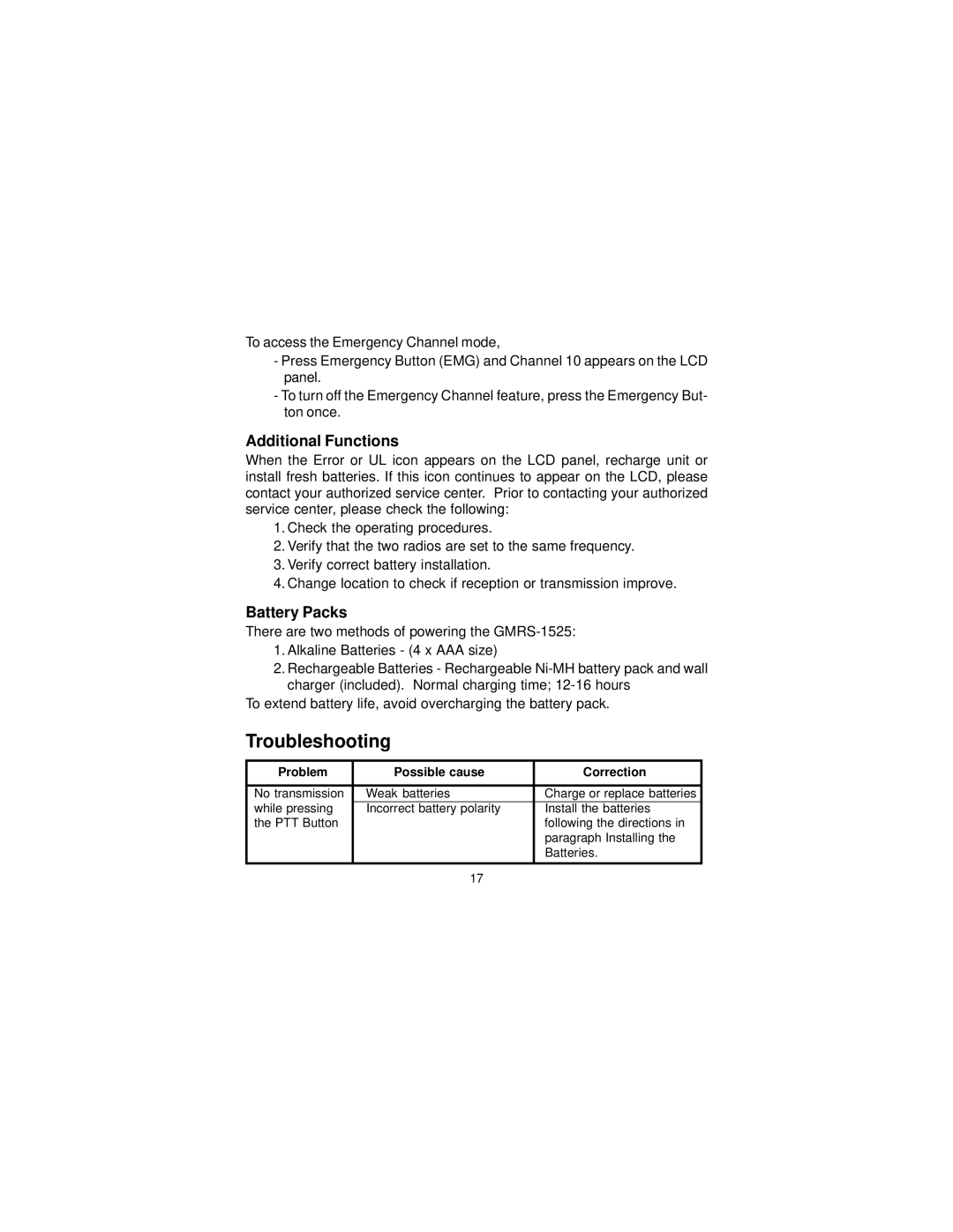 Audiovox 1525 owner manual Troubleshooting, Additional Functions, Battery Packs 