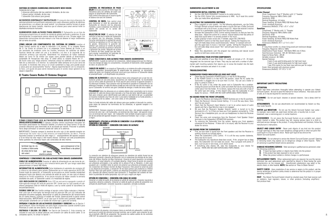 Audiovox 3.1 user service Adjusting the Subwoofer Controls, Wall Mounting Your System Components Specifications 