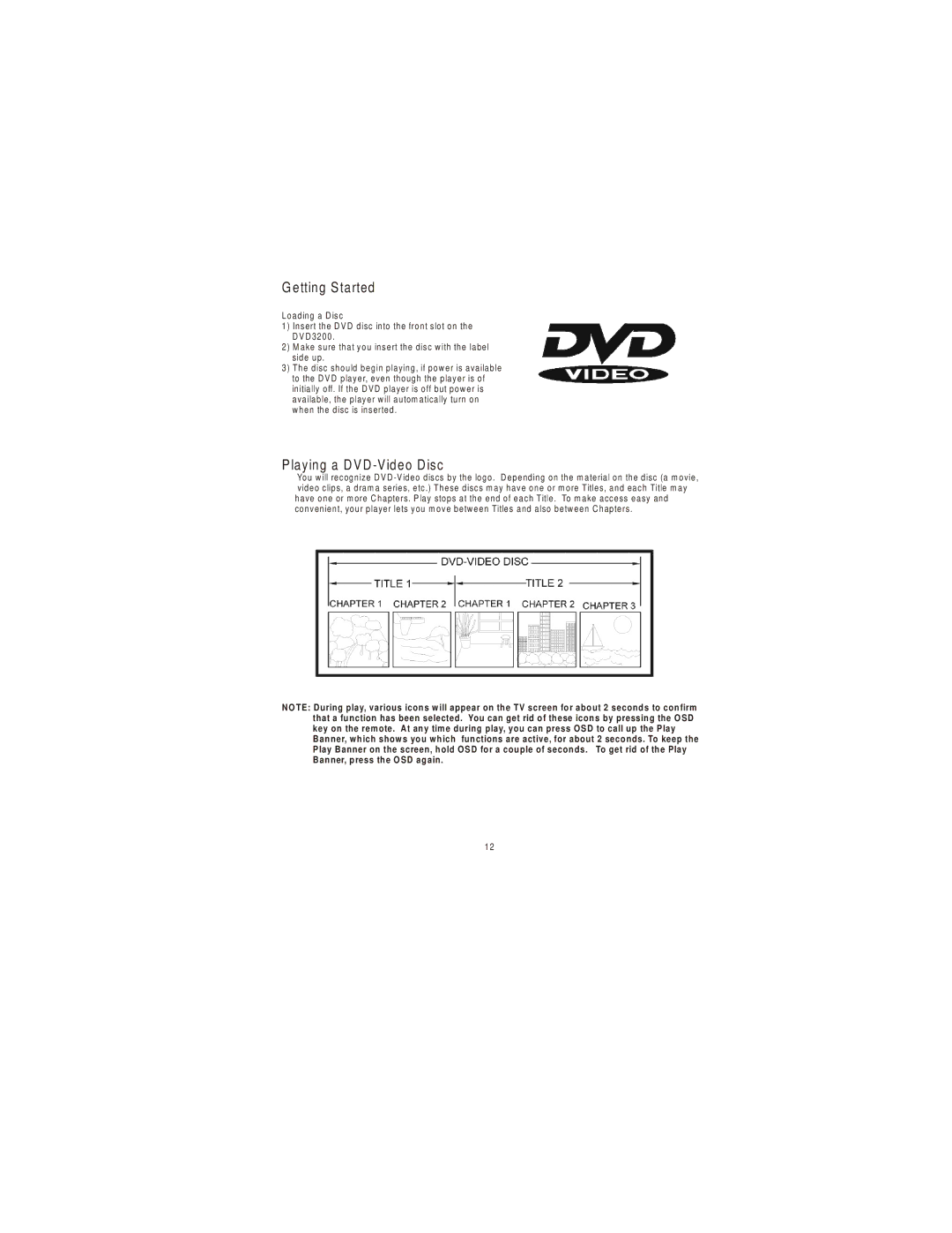 Audiovox 3200 owner manual Etting Started, Playing a DVD -Video Disc 