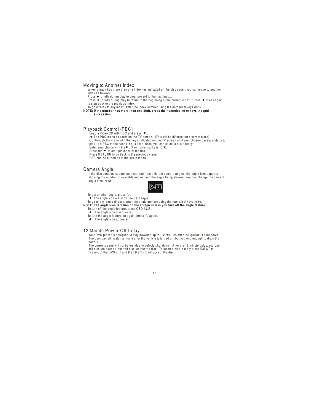 Audiovox 3200 owner manual Oving to Another Index, Playback Control PBC, Cam era Angle, Inute Power-Off Delay 