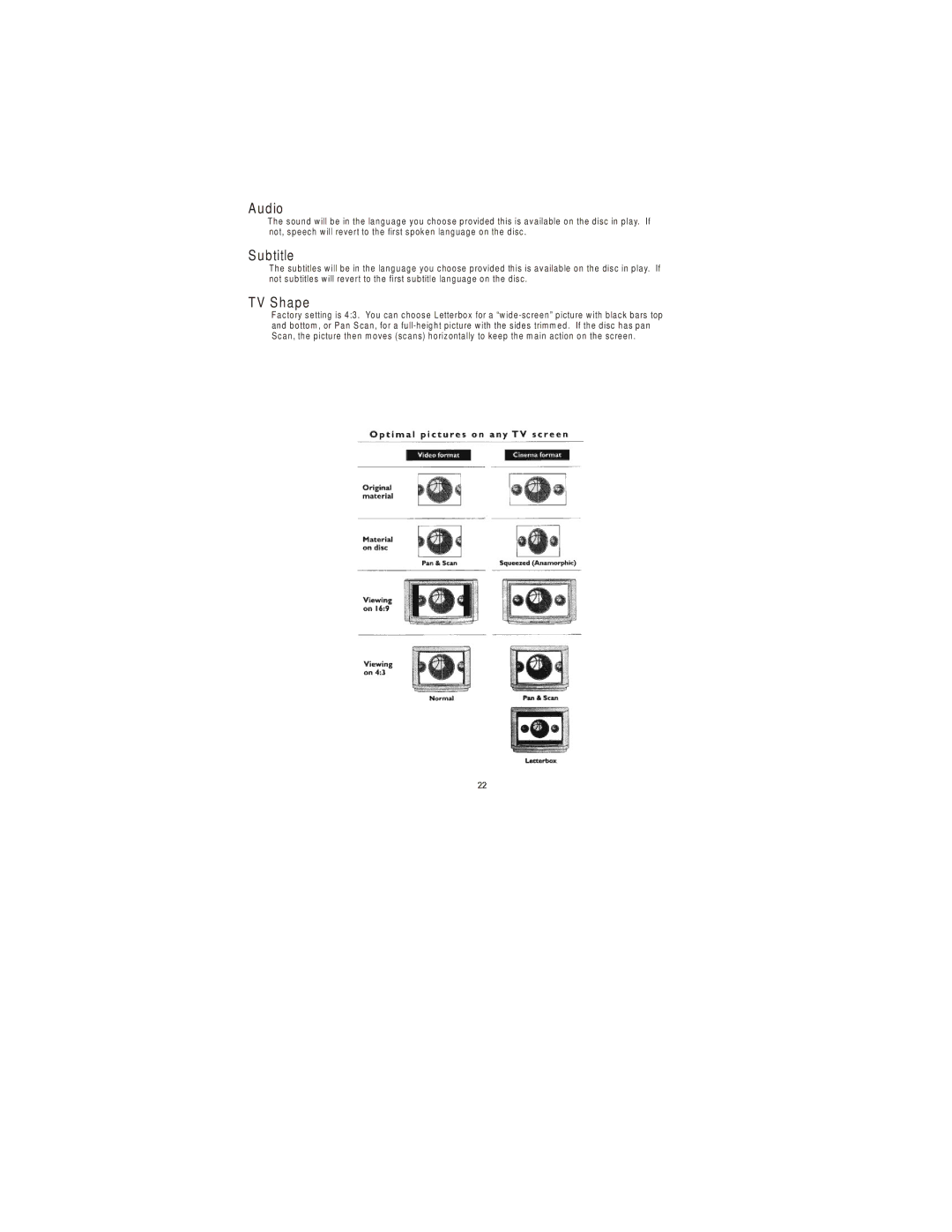 Audiovox 3200 owner manual Udio, Subtitle, TV Shape 