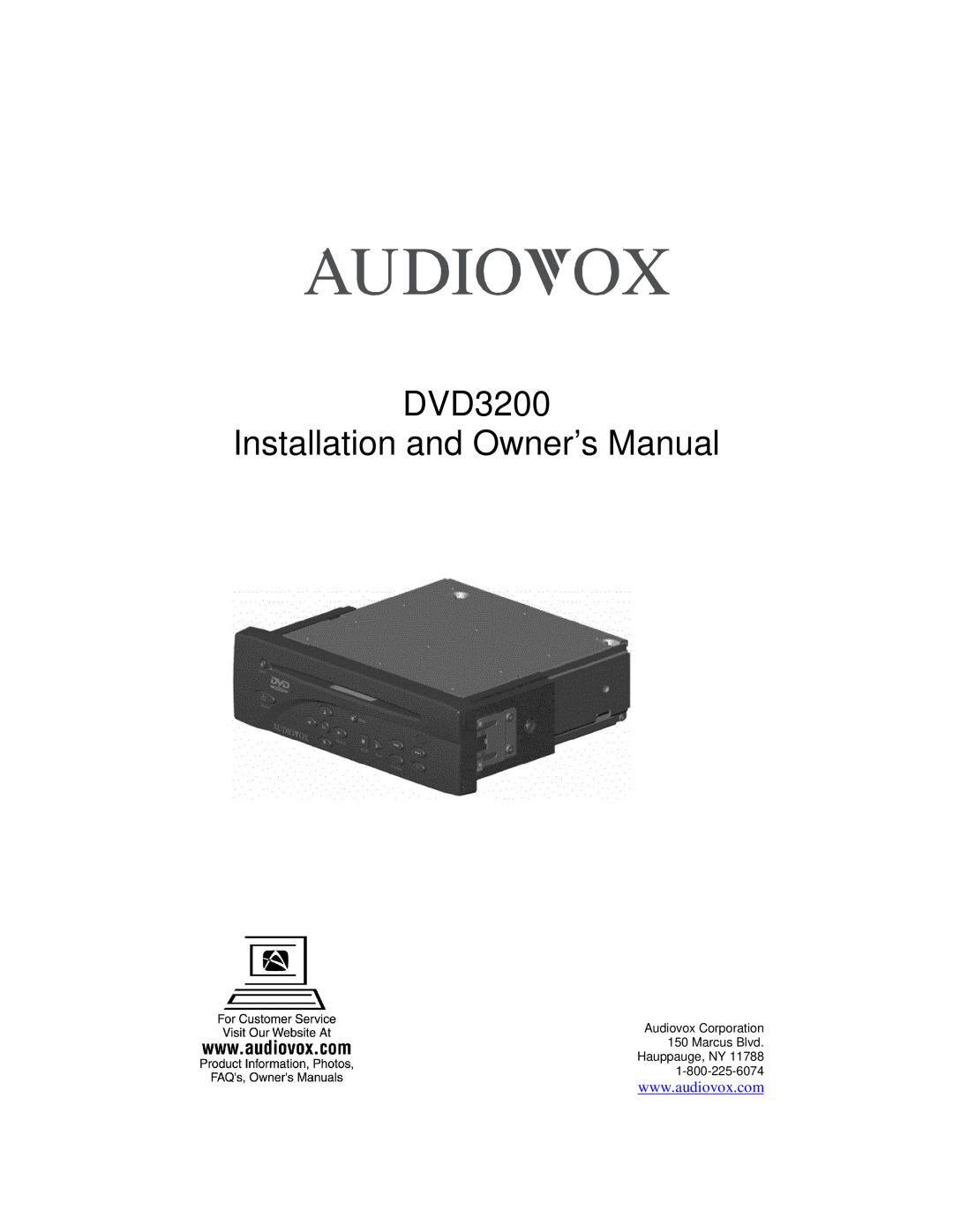 Audiovox owner manual DVD3200 Installation and Owner’s Manual, Audiovox Corporation 150 Marcus Blvd Hauppauge, NY 