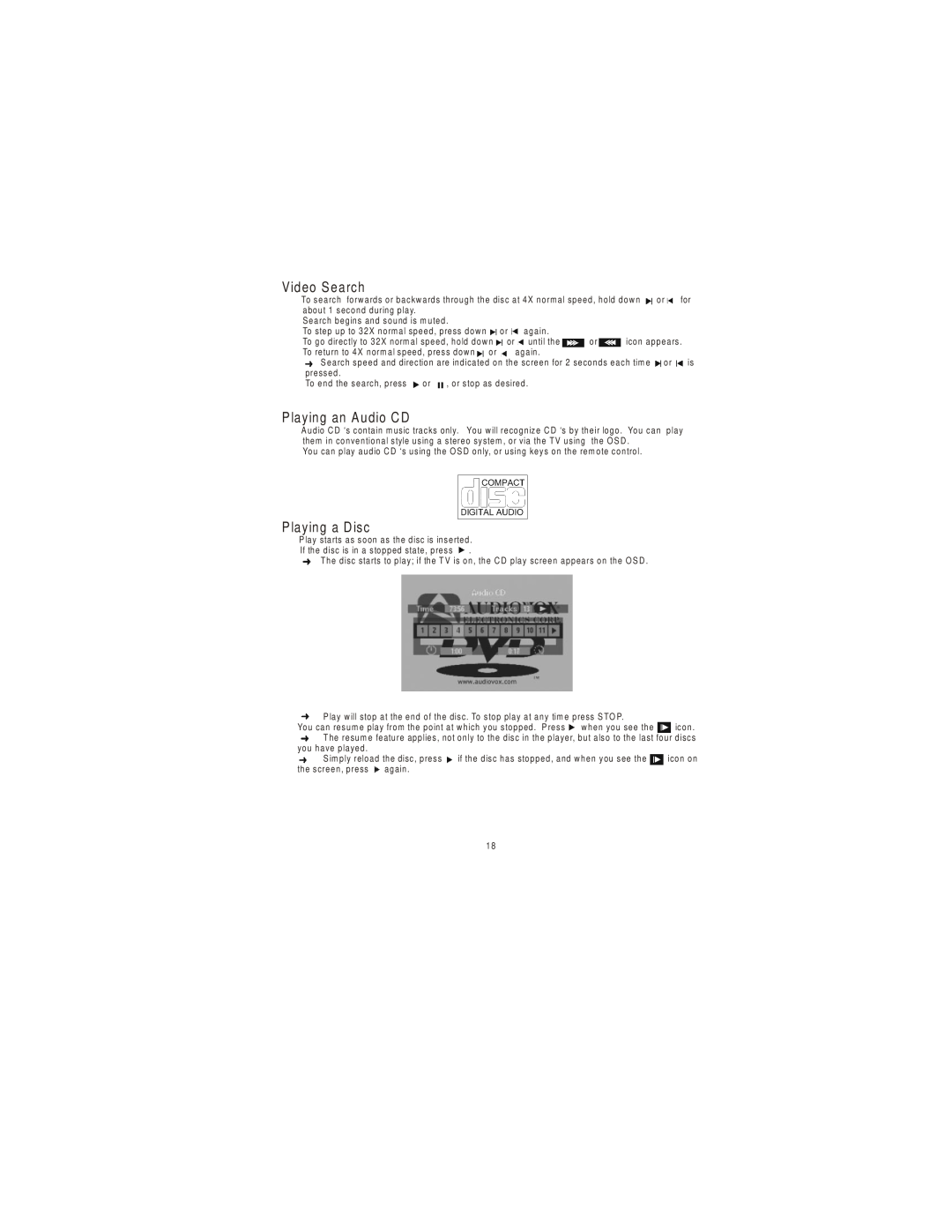 Audiovox 3200 owner manual Video Search, Playing an Audio CD, Playing a Disc 