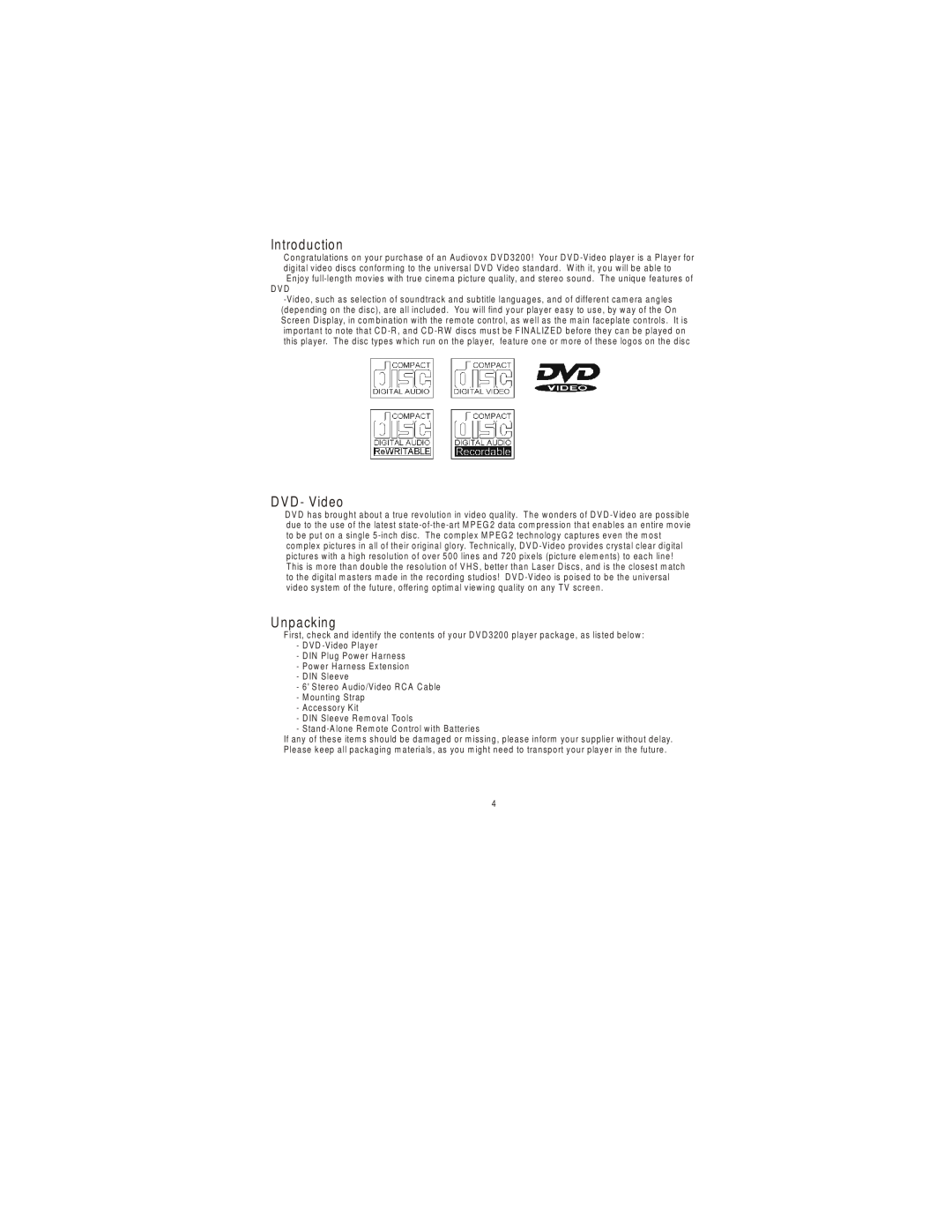 Audiovox 3200 owner manual Introduction, DVD - Video, U npacking 