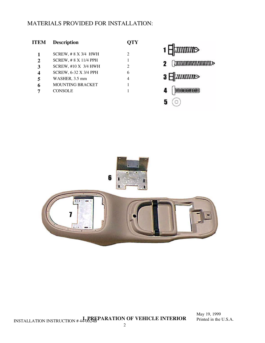 Audiovox 50-0246x-015 Series installation instructions Qty, Preparation of Vehicle Interior 