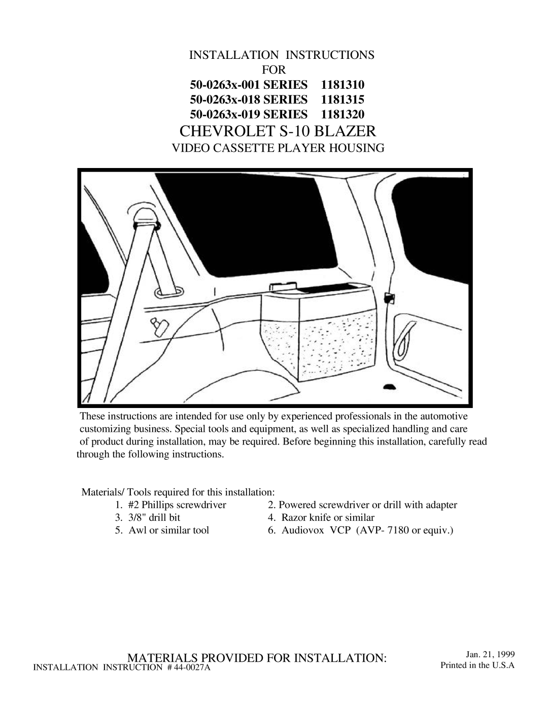 Audiovox 50-0263x-018 SERIES, 50-0263x-019 SERIES, 50-0263x-001 SERIES installation instructions Chevrolet S-10 Blazer 