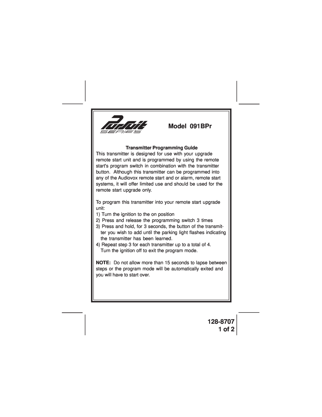 Audiovox 5125 manual Model 091BPr, 128-8707 1 of, Transmitter Programming Guide 