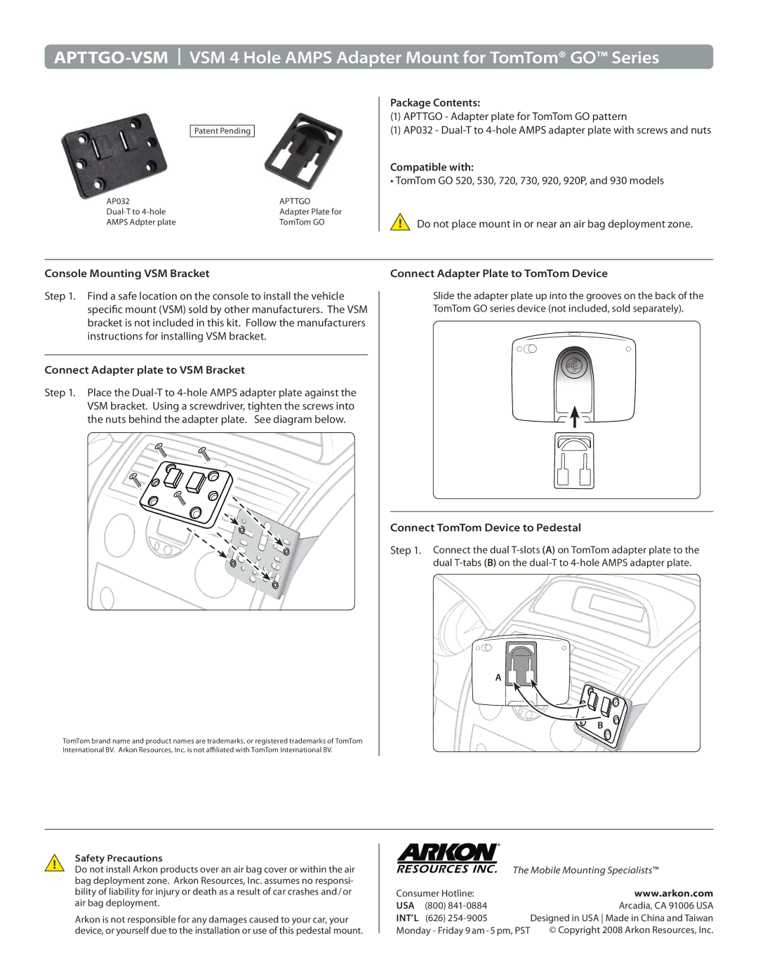 Audiovox 530 manual Package Contents, Compatible with, Console Mounting VSM Bracket, Connect Adapter plate to VSM Bracket 