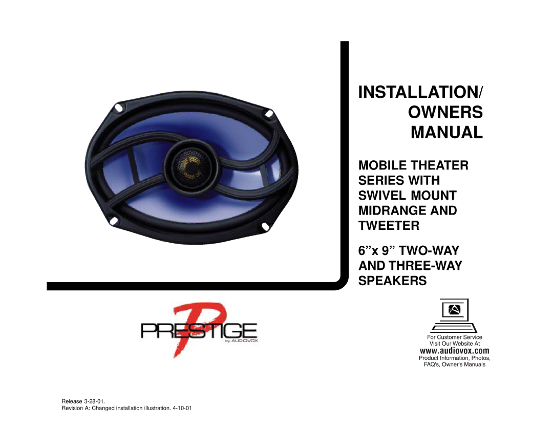 Audiovox 6x 9 owner manual Mobile Theater Series with Swivel Mount Midrange and Tweeter 