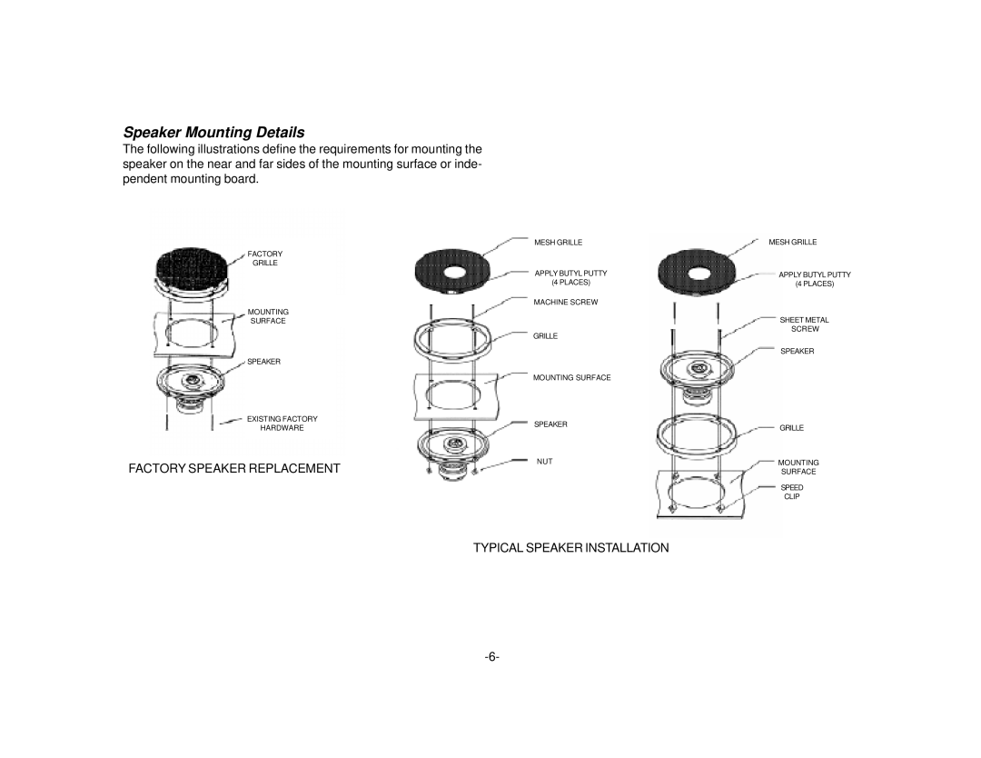 Audiovox 6x 9 owner manual Speaker Mounting Details, Factory Speaker Replacement 