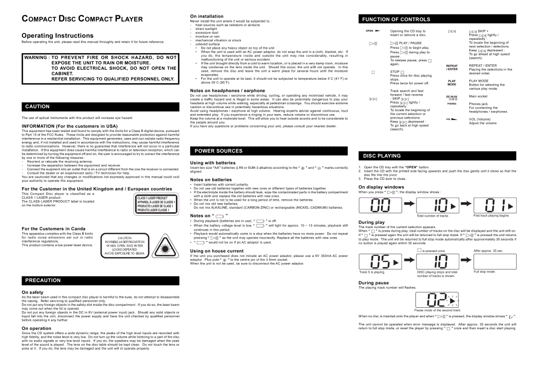 Audiovox 811-870091-170 operating instructions Power Sources Function of Controls, Disc Playing, Precaution 