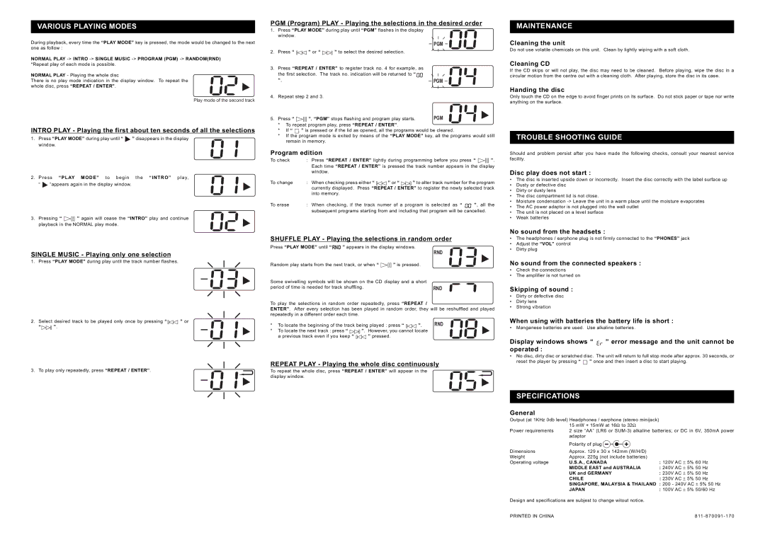 Audiovox 811-870091-170 operating instructions Various Playing Modes, Maintenance, Trouble Shooting Guide, Specifications 