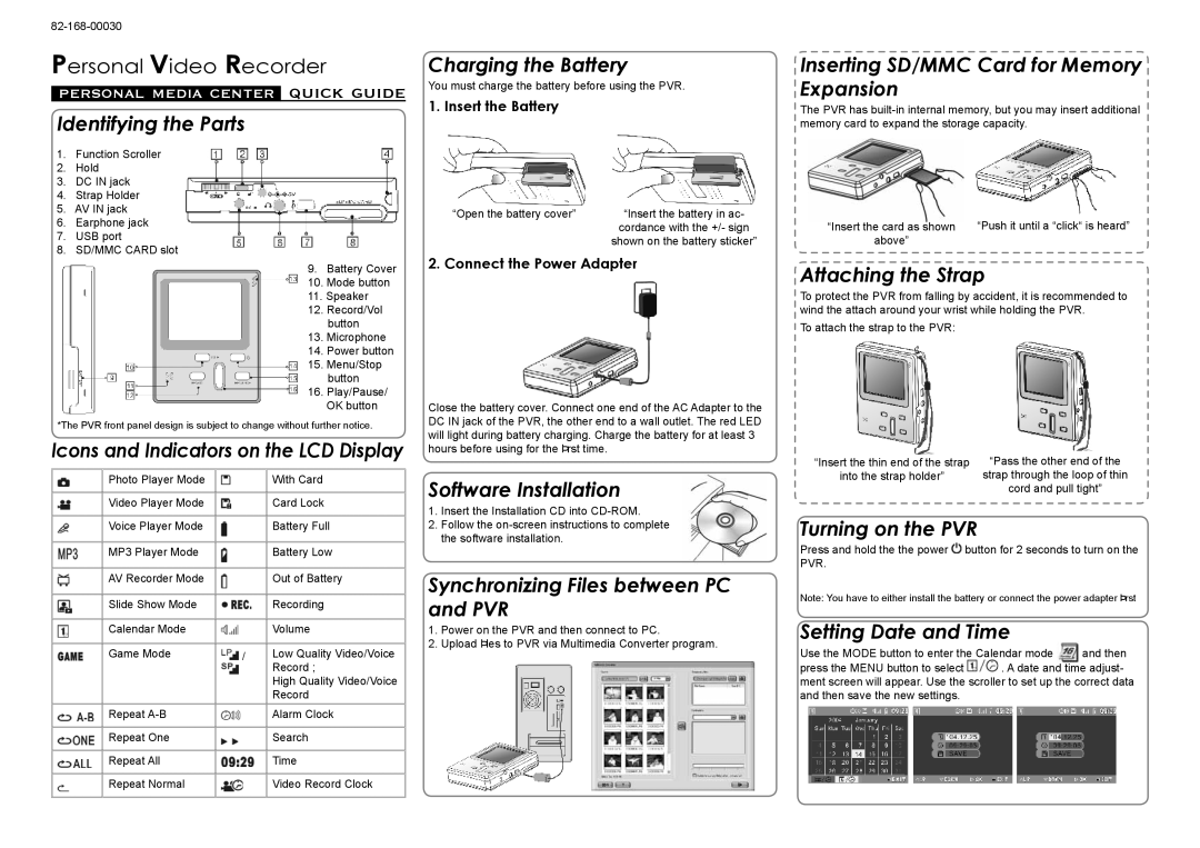 Audiovox 82-168-00030 manual Identifying the Parts, Charging the Battery, Software Installation, Attaching the Strap 