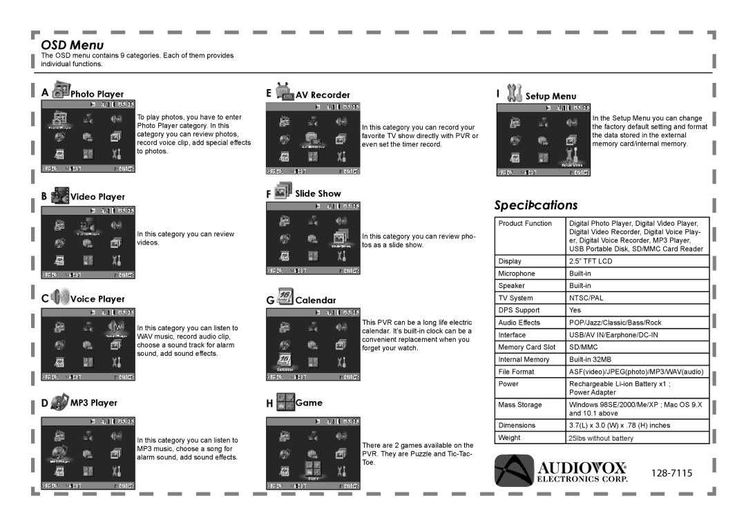 Audiovox 82-168-00030 manual OSD Menu, SpeciÞcations 