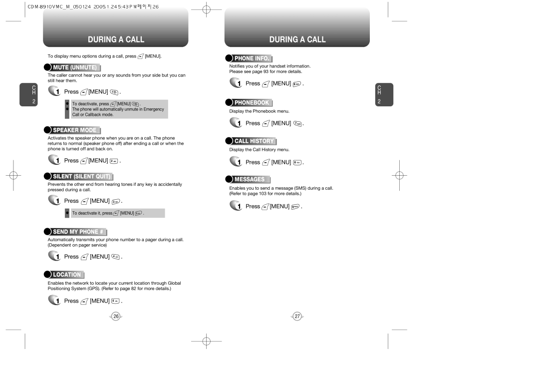 Audiovox 8910 manual During a Call, Press Menu 