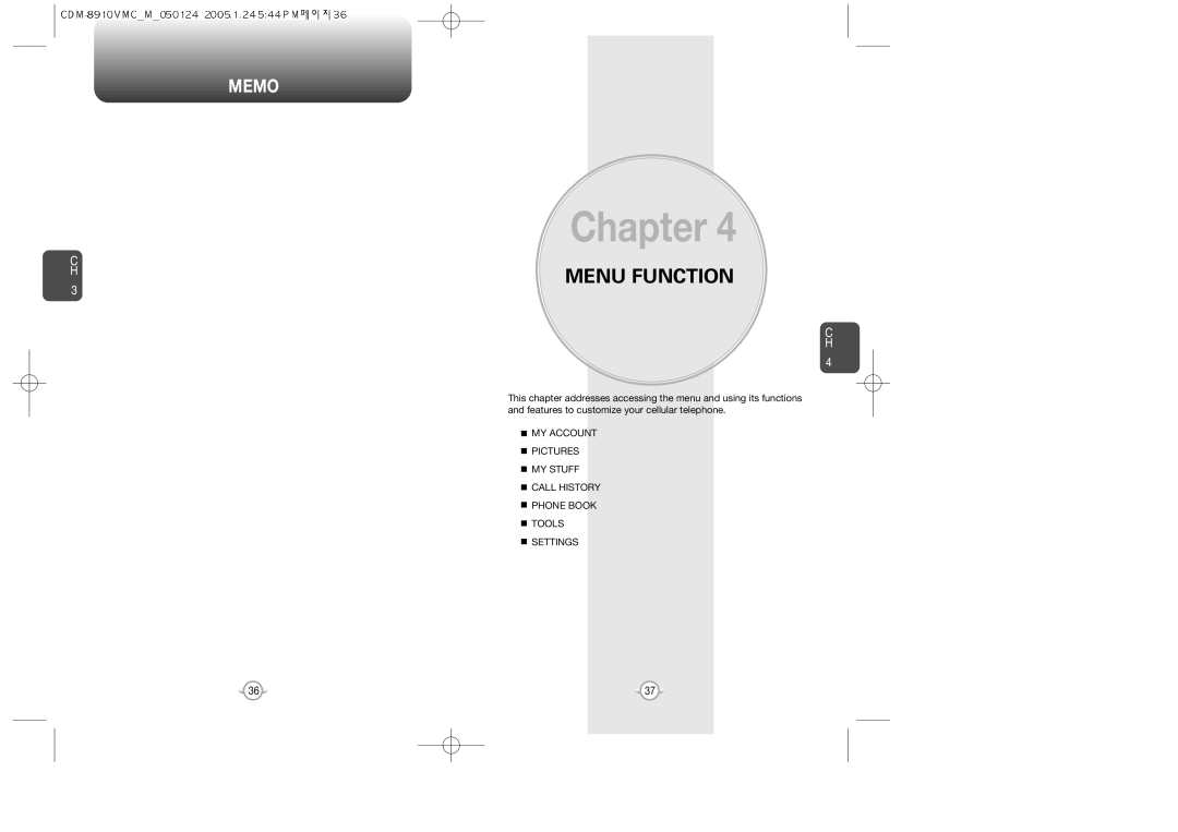 Audiovox 8910 manual Menu Function, Memo 