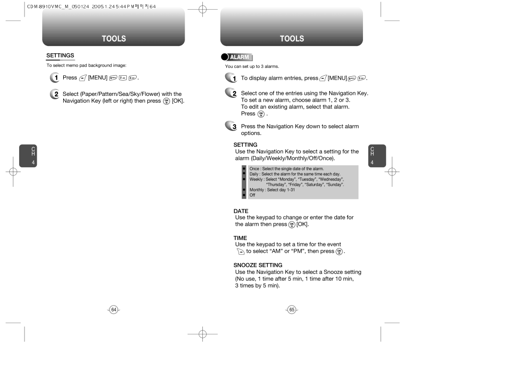 Audiovox 8910 manual Settings, Date, Snooze Setting, Alarm 