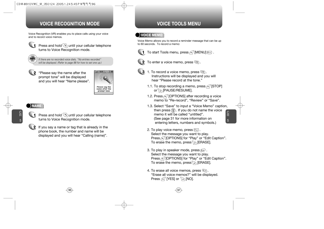 Audiovox 8910 manual Voice Recognition Mode, Voice Tools Menu, Name, Voice Memo 