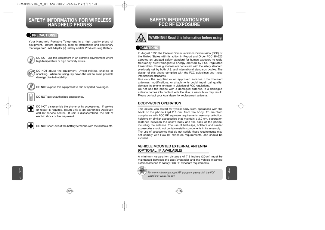 Audiovox 8910 manual Safety Information for FCC RF Exposure, BODY-WORN Operation, Precautions 