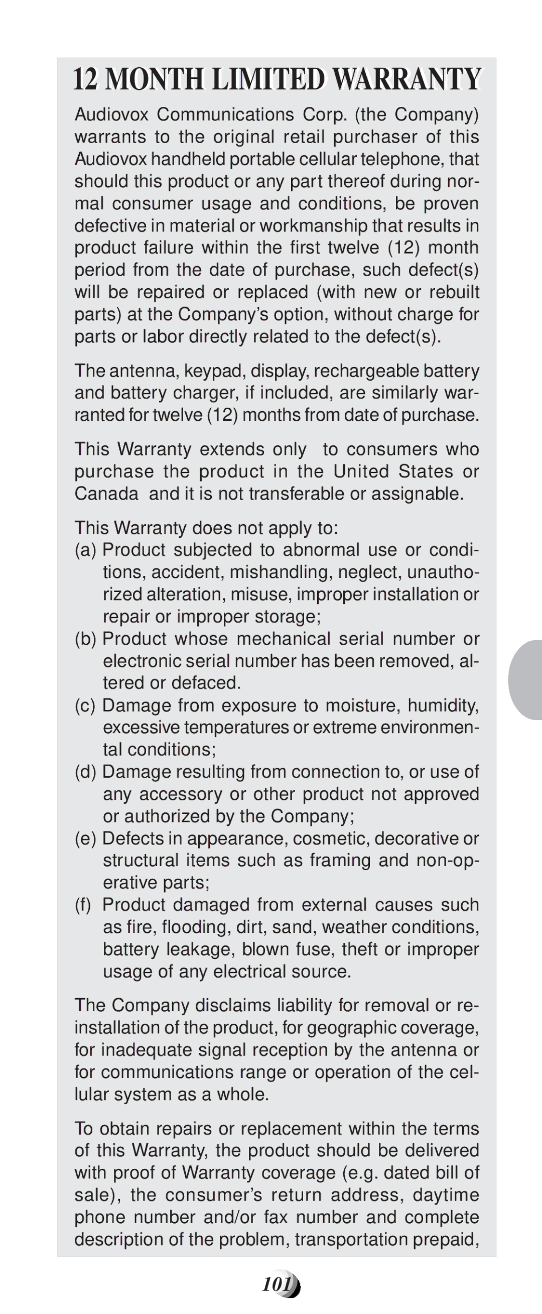 Audiovox 9155-GPX manual Month Limited Warranty 