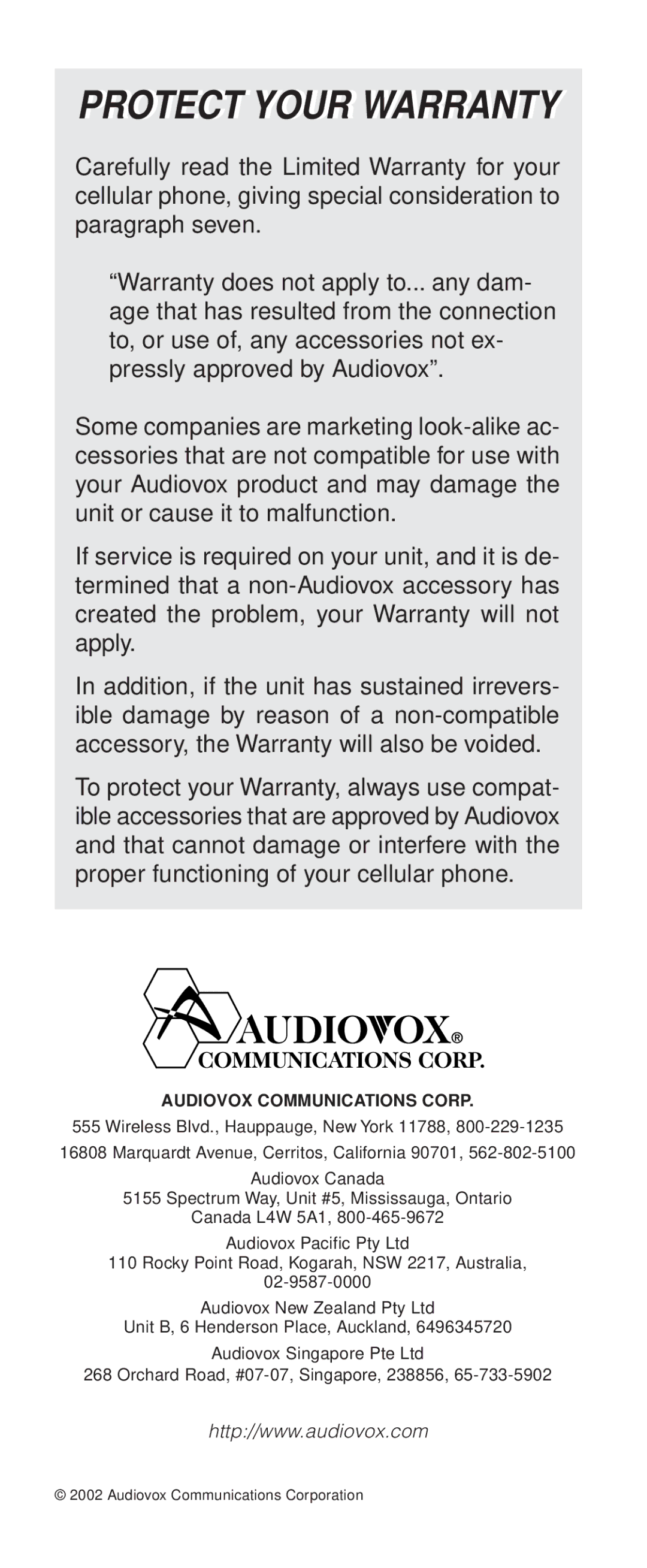 Audiovox 9155-GPX manual Protect Your Warranty, Audiovox Communications Corp 