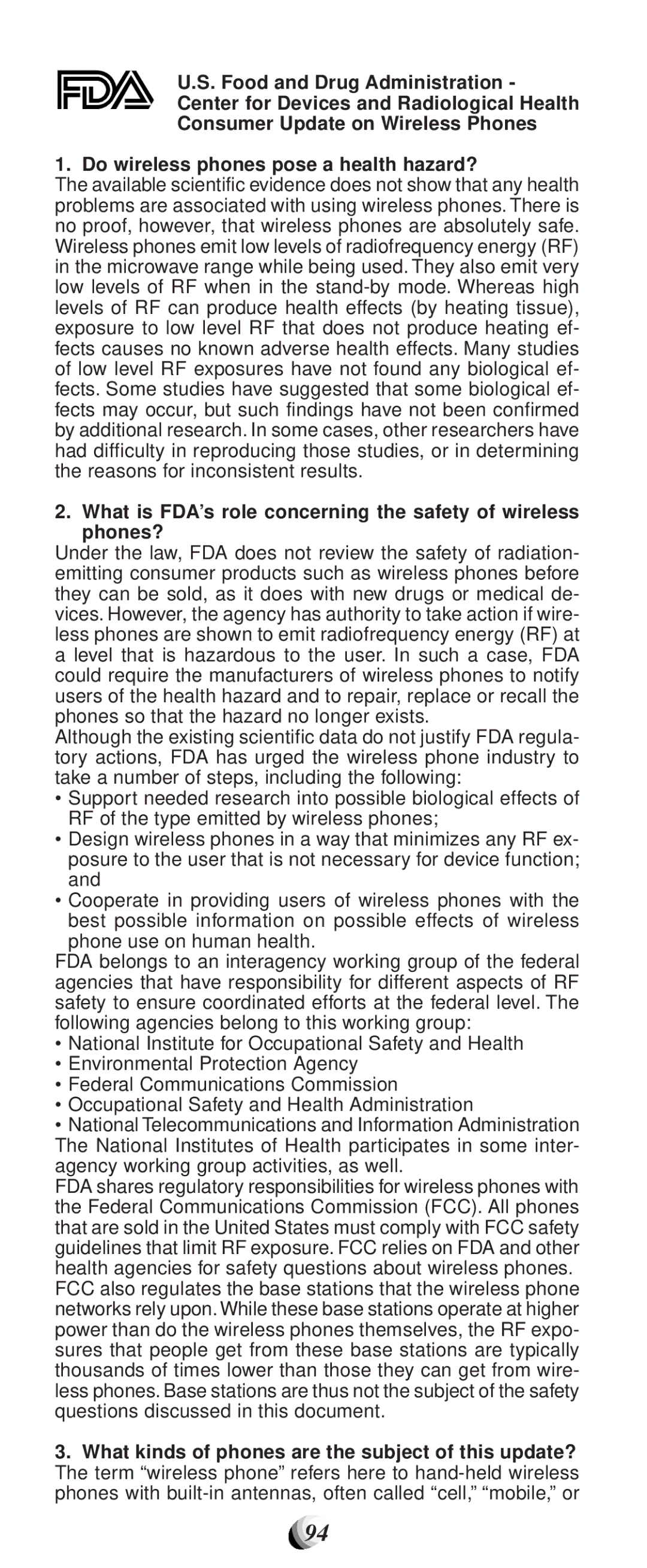 Audiovox 9155-GPX manual What is FDA’s role concerning the safety of wireless phones? 